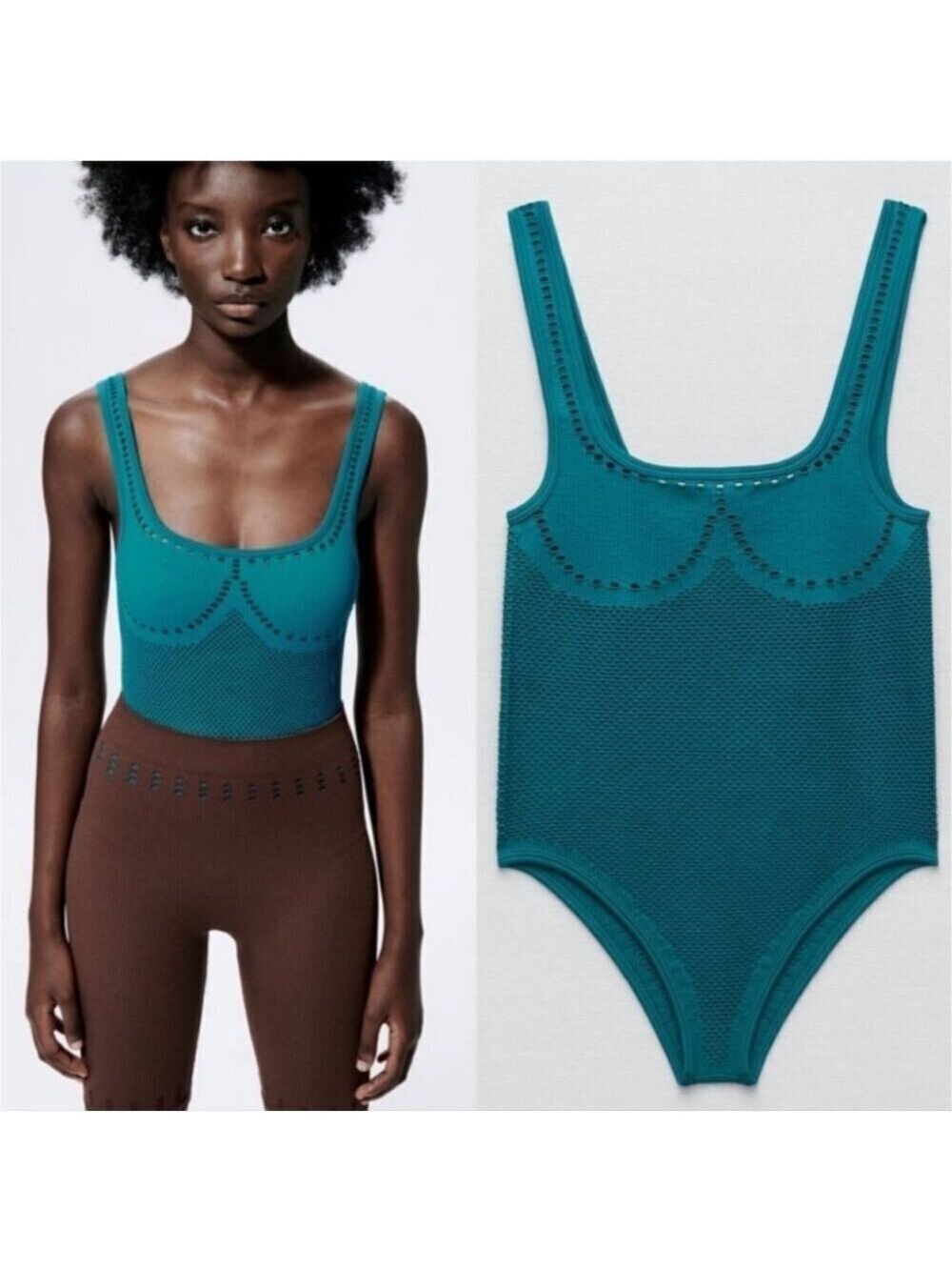 ZARA | Seamless Perforated Bodysuit Top Teal Blue Green Sz XS Small